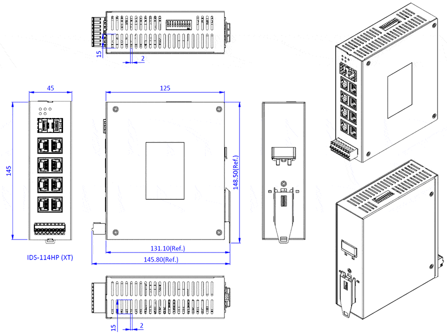 ids-114hp poe (90w) switches - mechanical drawing